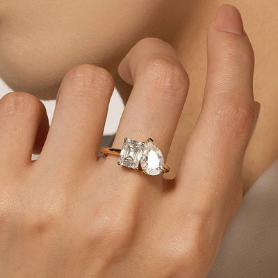 Emerald and Pear Duo Moissanite Engagement Ring in Gold