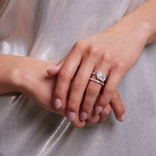 Load image into Gallery viewer, Emerald &amp; Pear Moissanite Ring with Platinum Finish