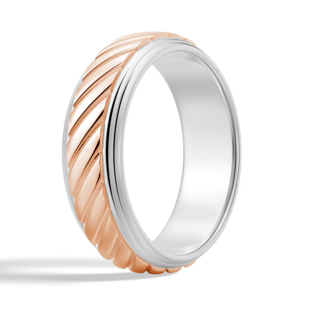 7mm Two-Tone Carved Men’s Wedding Band – Silver, Gold or Platinum Ring