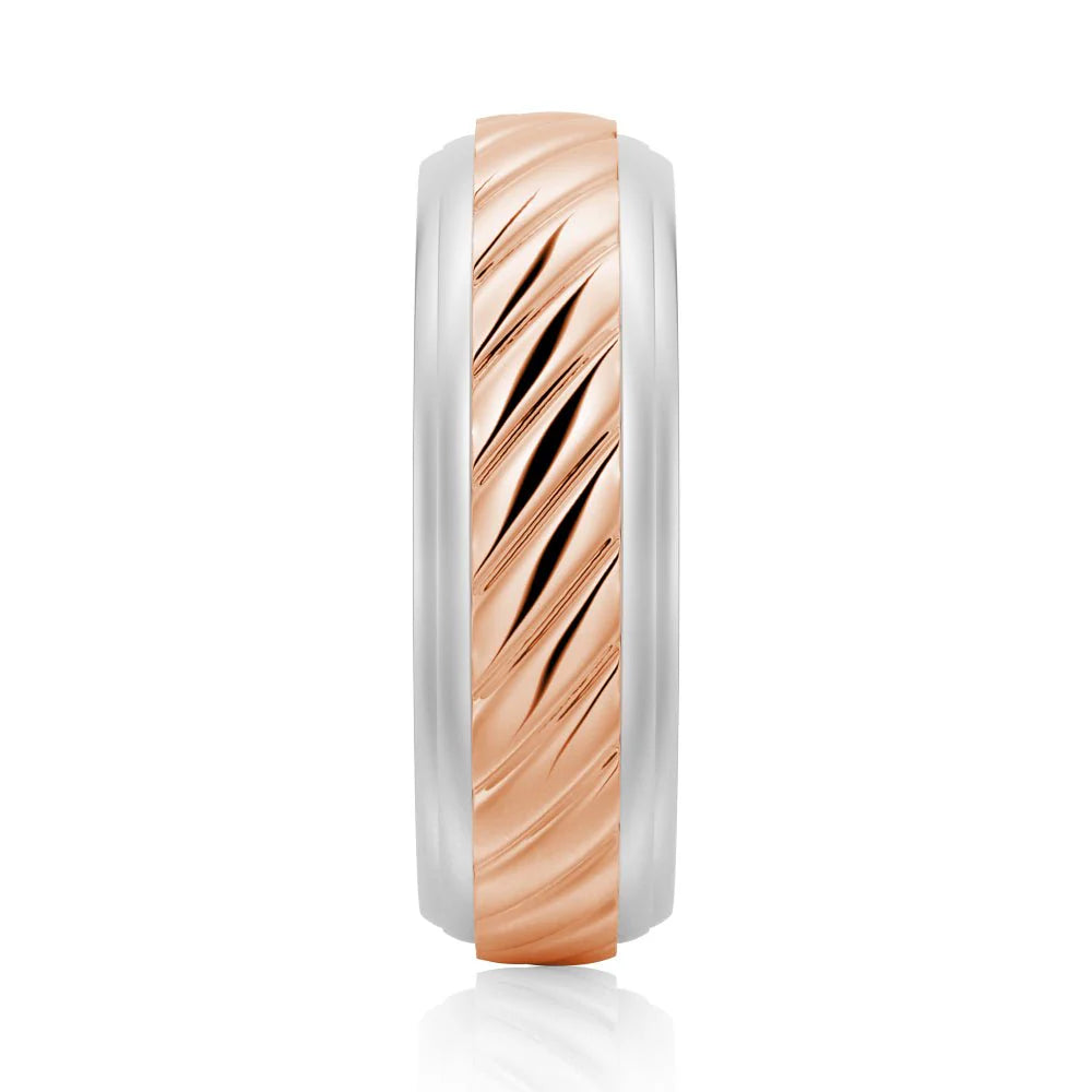 7mm Two-Tone Carved Men’s Wedding Band – Silver, Gold or Platinum Ring