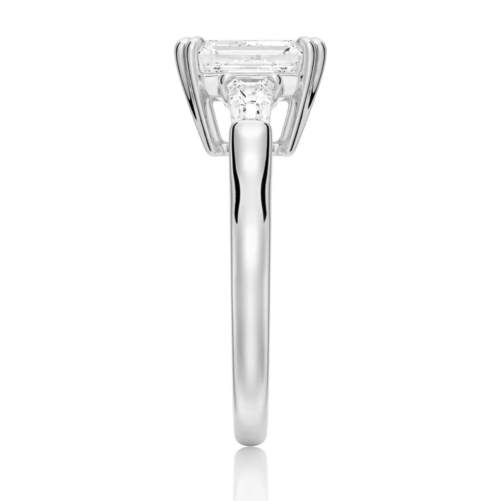Platinum Emerald Lab Diamond Ring with Side Stones