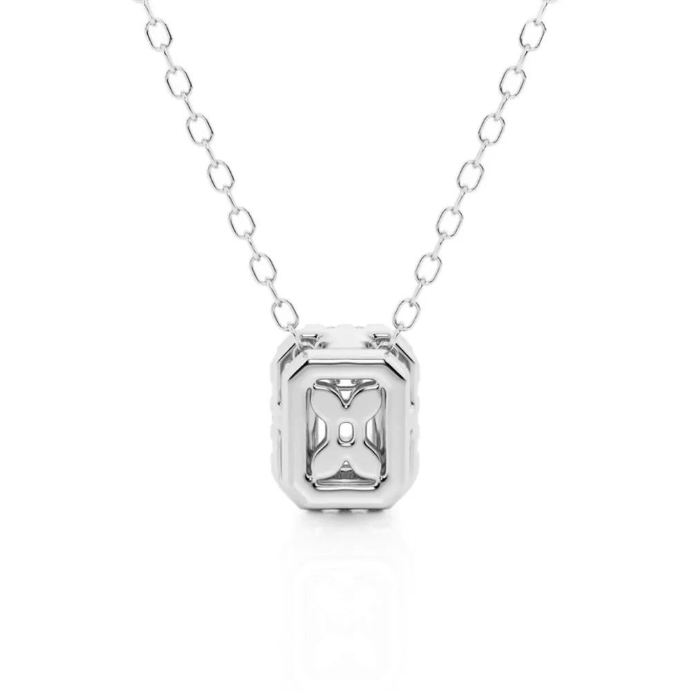 Emerald Cut Moissanite Halo Necklace | Silver & Gold Options