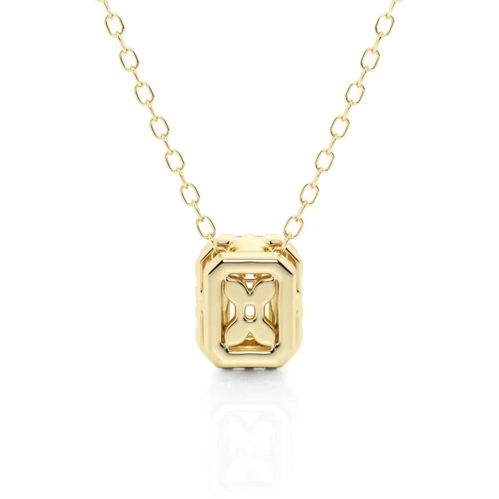 Emerald Cut Moissanite Halo Necklace | Silver & Gold Options