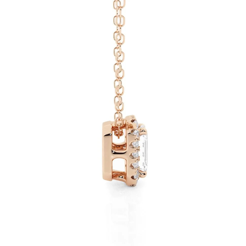 Emerald Cut Moissanite Halo Necklace | Silver & Gold Options