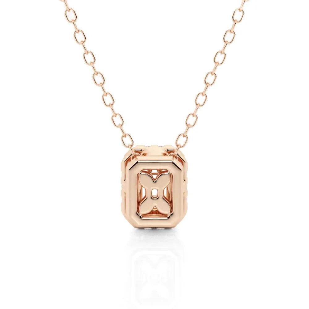 Emerald Cut Moissanite Halo Necklace | Silver & Gold Options