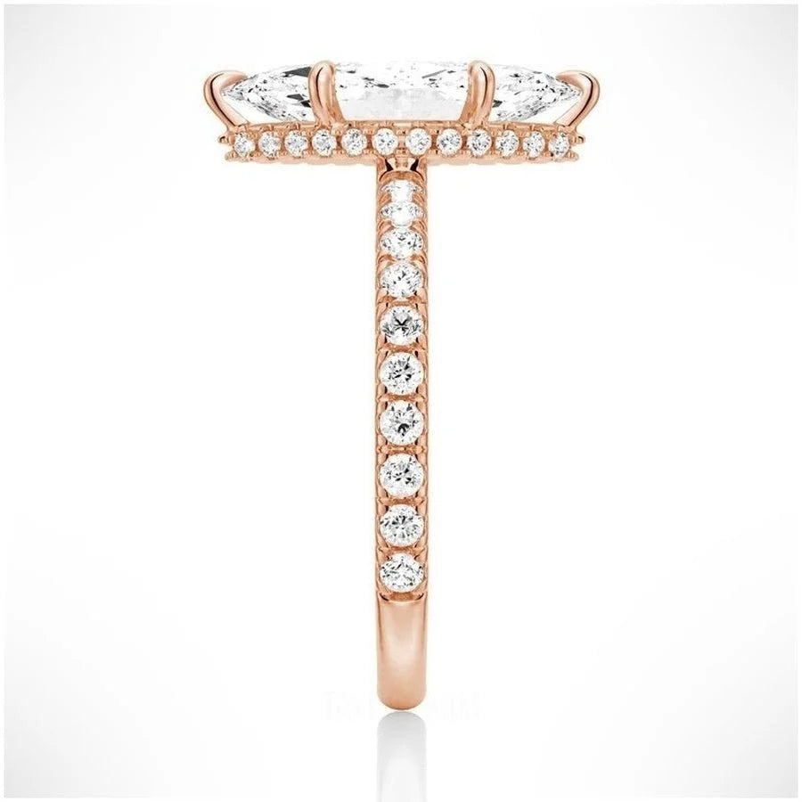 Marquise Moissanite Engagement Ring with Hidden Halo | French Pave Design in Gold & Silver