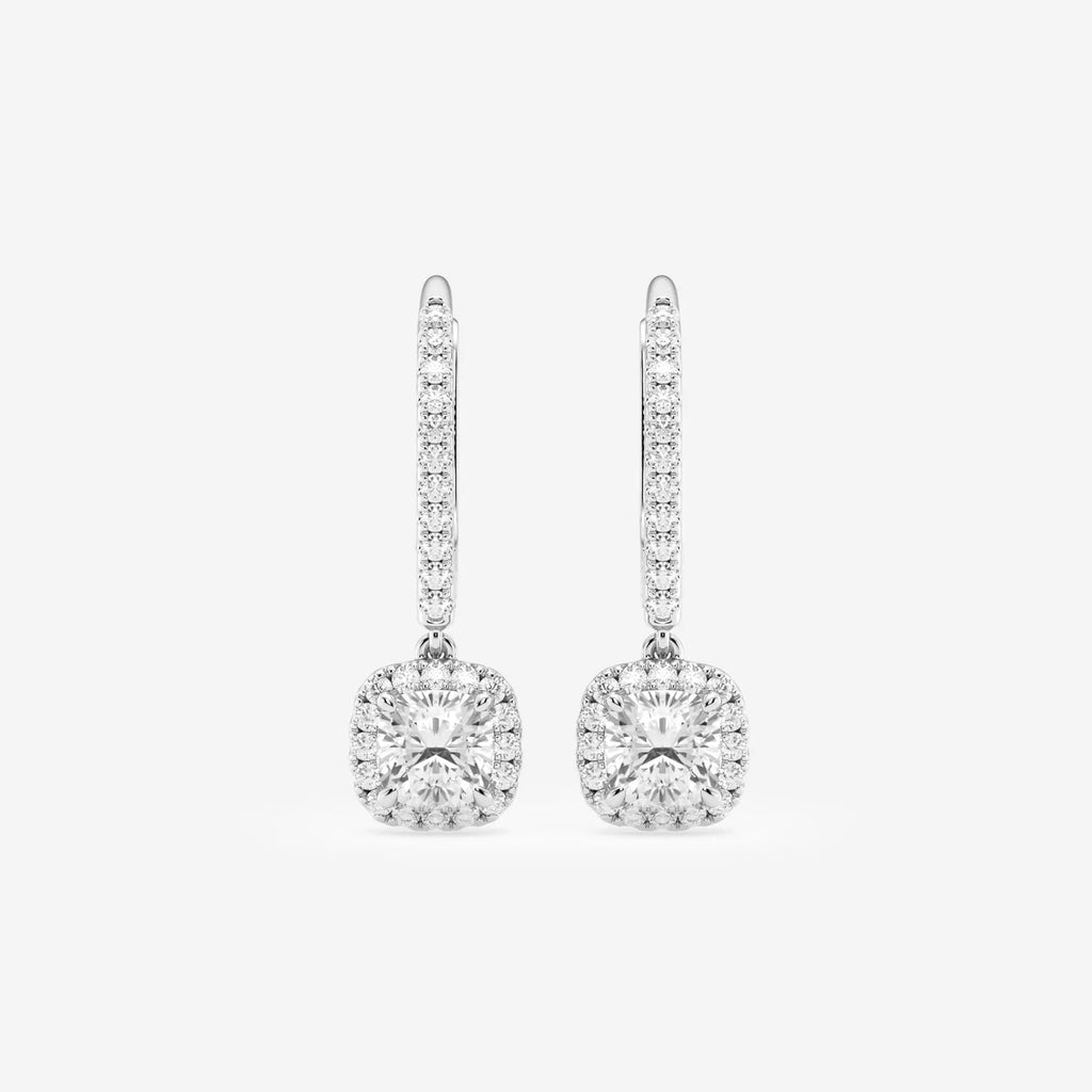 Cushion Cut Halo Moissanite Drop Earrings – Silver, Gold, Platinum