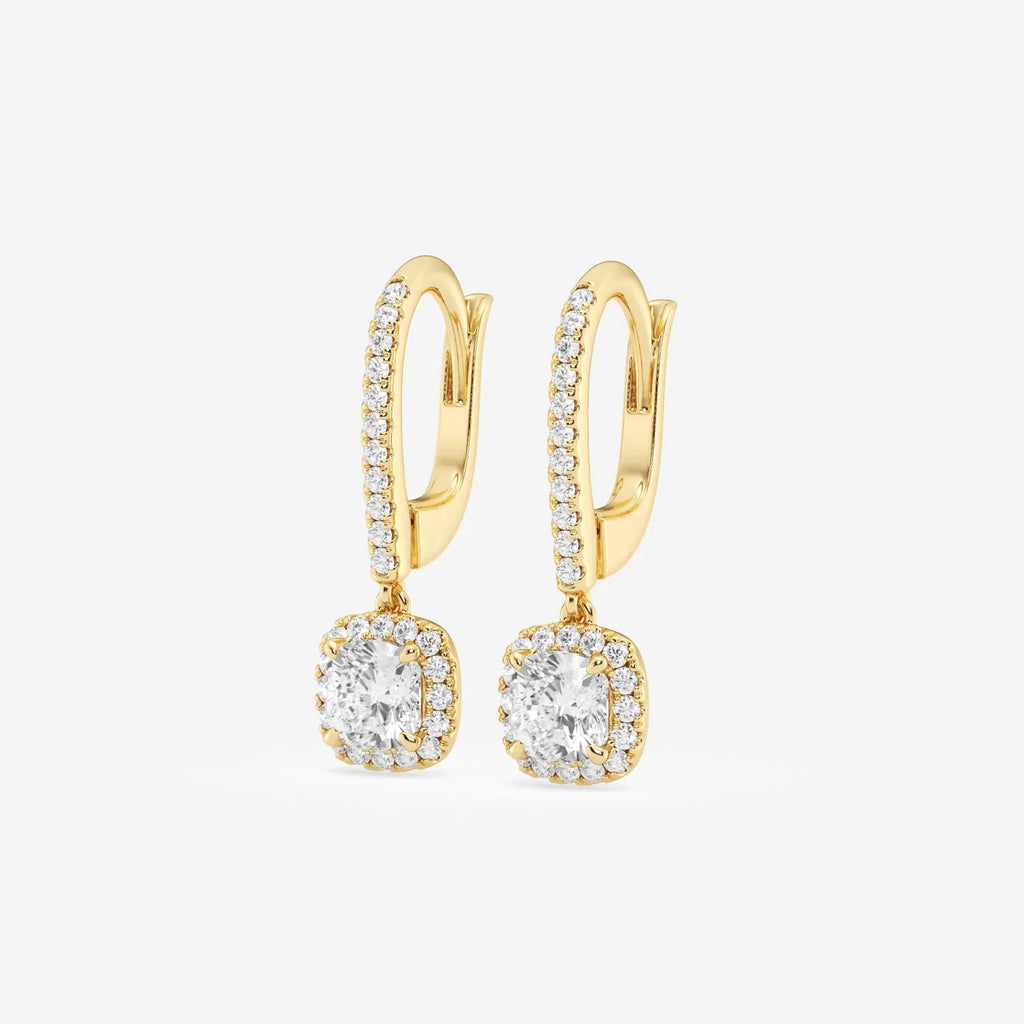 Cushion Cut Halo Moissanite Drop Earrings – Silver, Gold, Platinum
