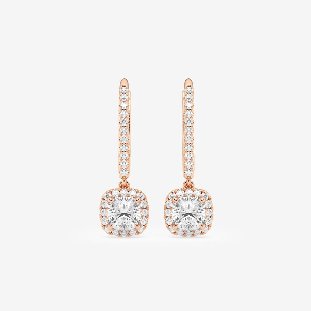 Cushion Cut Halo Moissanite Drop Earrings – Silver, Gold, Platinum