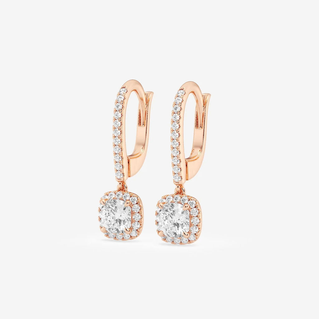 Cushion Cut Halo Moissanite Drop Earrings – Silver, Gold, Platinum
