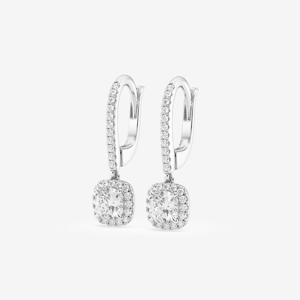 Cushion Cut Halo Moissanite Drop Earrings – Silver, Gold, Platinum