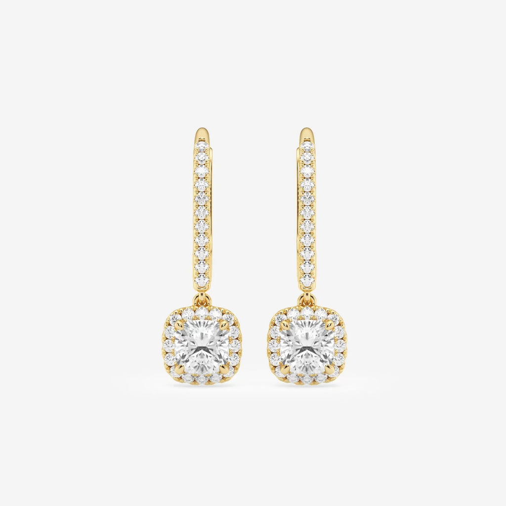 Cushion Cut Halo Moissanite Drop Earrings – Silver, Gold, Platinum