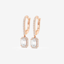 Load image into Gallery viewer, Emerald Cut Moissanite Drop Earrings – Halo Pavé Design | Gold &amp; Silver