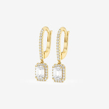 Load image into Gallery viewer, Emerald Cut Moissanite Drop Earrings – Halo Pavé Design | Gold &amp; Silver