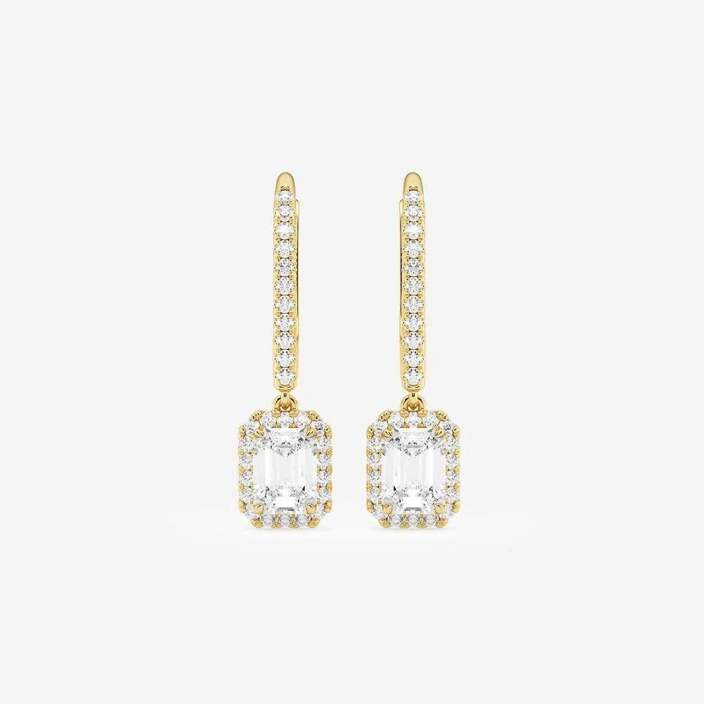 Emerald Cut Moissanite Drop Earrings – Halo Pavé Design | Gold & Silver