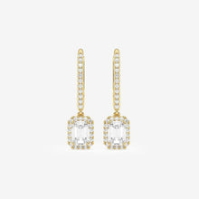 Load image into Gallery viewer, Emerald Cut Moissanite Drop Earrings – Halo Pavé Design | Gold &amp; Silver