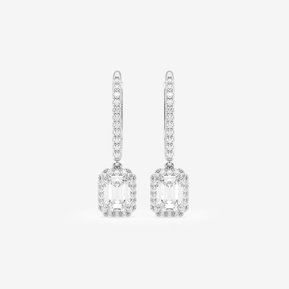 Emerald Cut Moissanite Drop Earrings – Halo Pavé Design | Gold & Silver