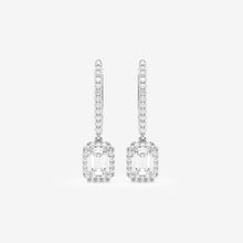 Load image into Gallery viewer, Emerald Cut Moissanite Drop Earrings – Halo Pavé Design | Gold &amp; Silver