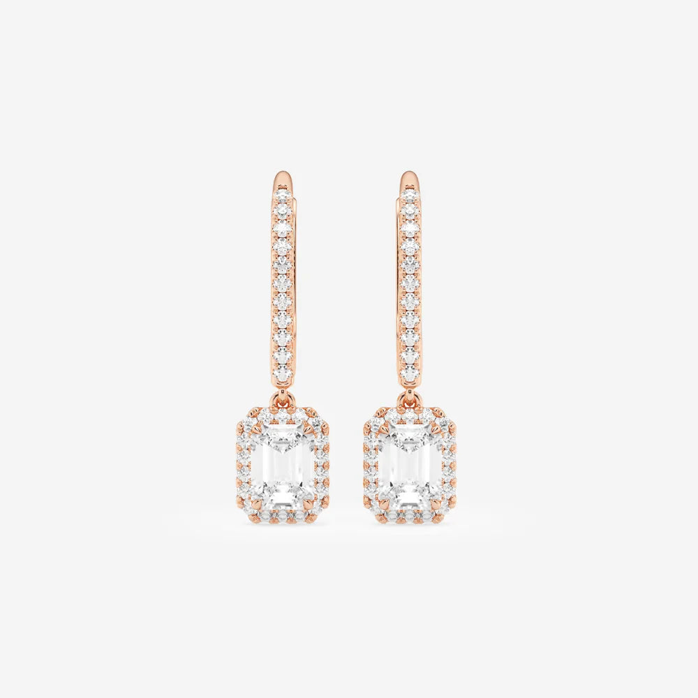 Emerald Cut Moissanite Drop Earrings – Halo Pavé Design | Gold & Silver