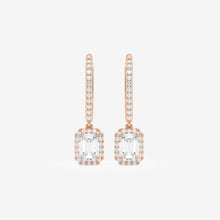Load image into Gallery viewer, Emerald Cut Moissanite Drop Earrings – Halo Pavé Design | Gold &amp; Silver