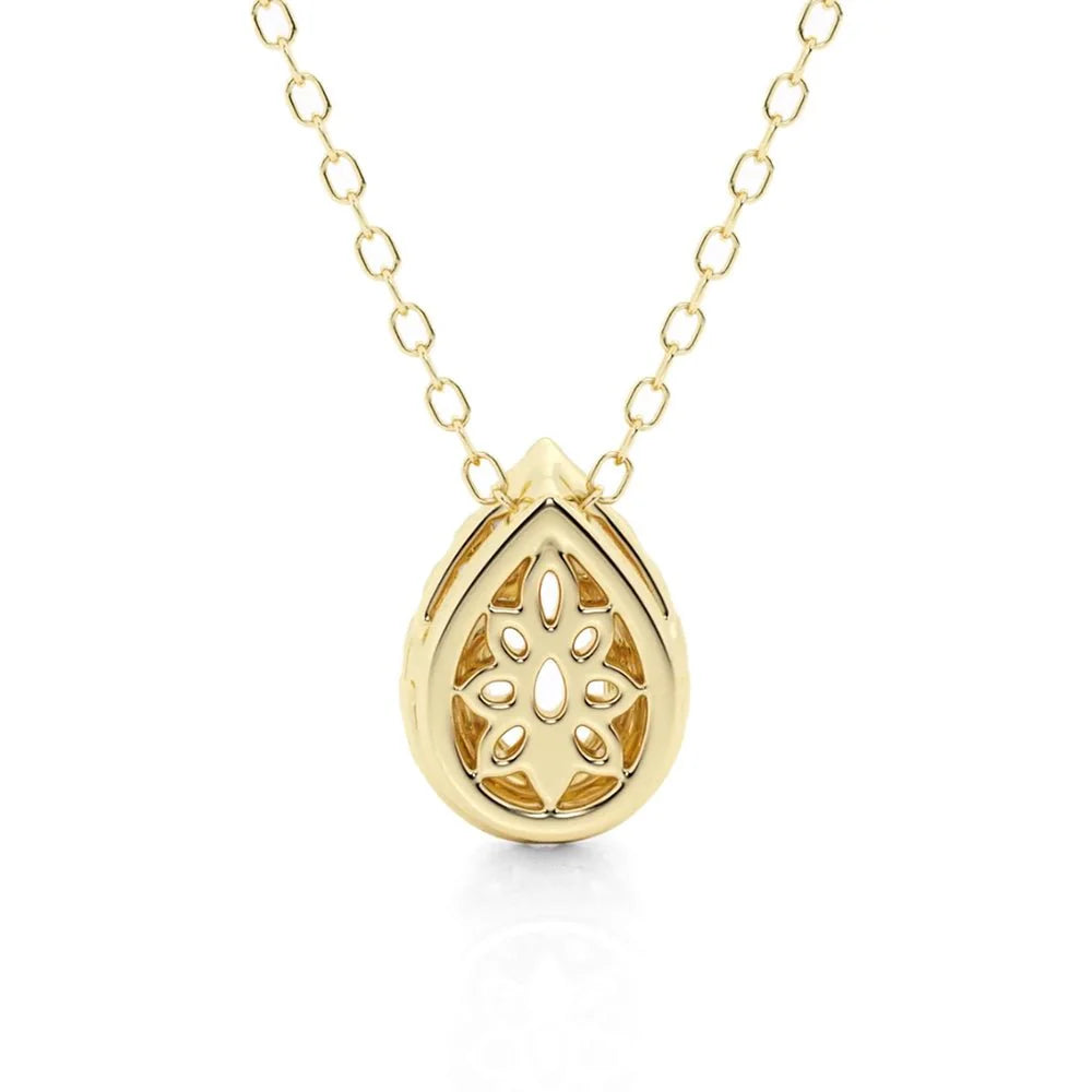 Pear Cut Moissanite Halo Necklace | Pavé Pendant in Silver & Gold