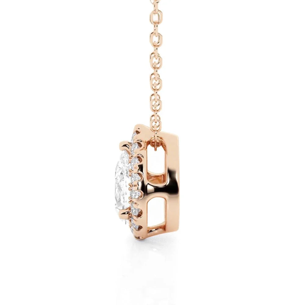 Pear Cut Moissanite Halo Necklace | Pavé Pendant in Silver & Gold
