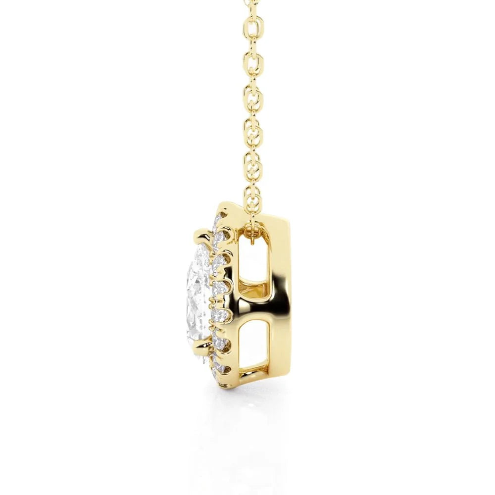 Pear Cut Moissanite Halo Necklace | Pavé Pendant in Silver & Gold
