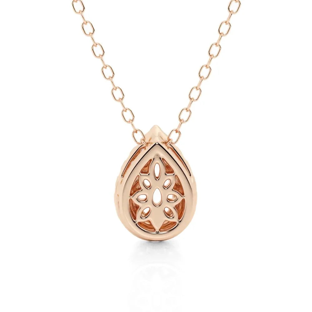 Pear Cut Moissanite Halo Necklace | Pavé Pendant in Silver & Gold