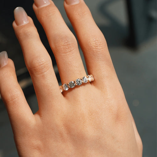 Close-up of Radiant Cut Moissanite in Eternity Setting