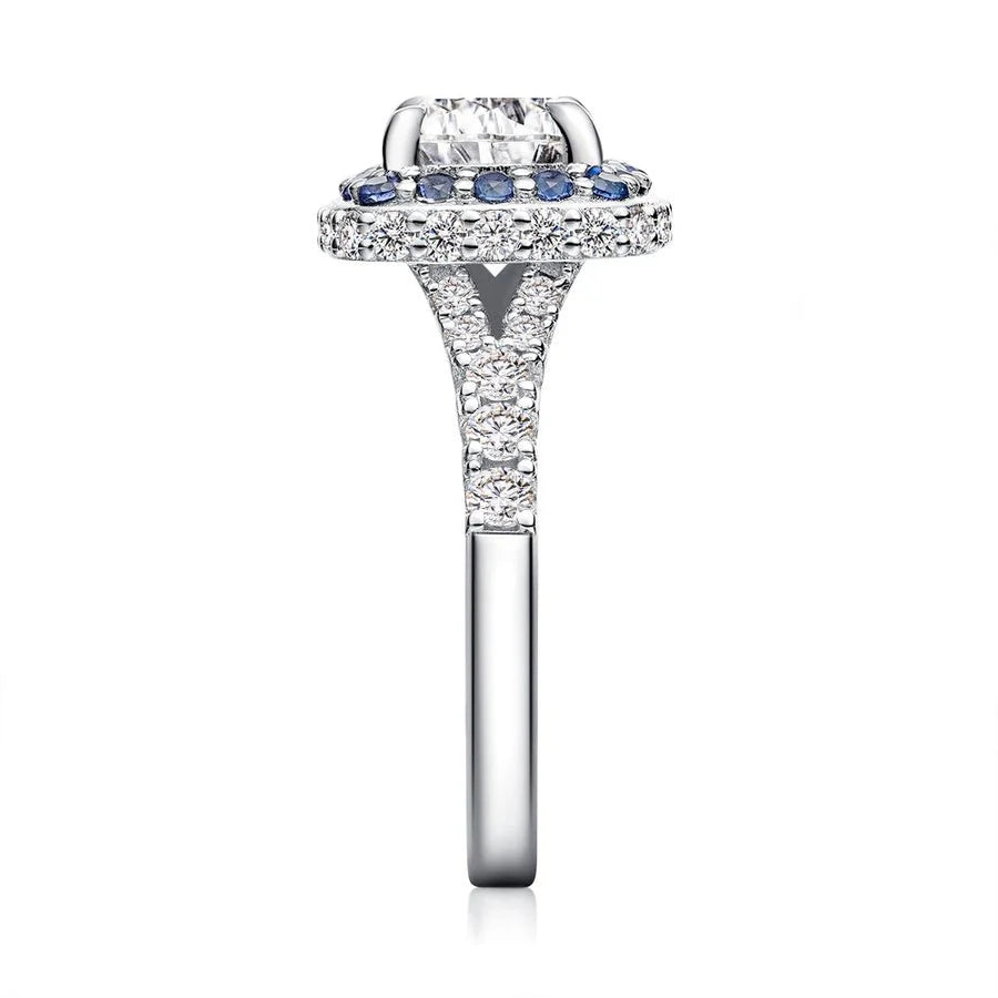 Cushion Cut Moissanite with Sapphire Halo