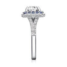 Load image into Gallery viewer, Cushion Cut Moissanite with Sapphire Halo