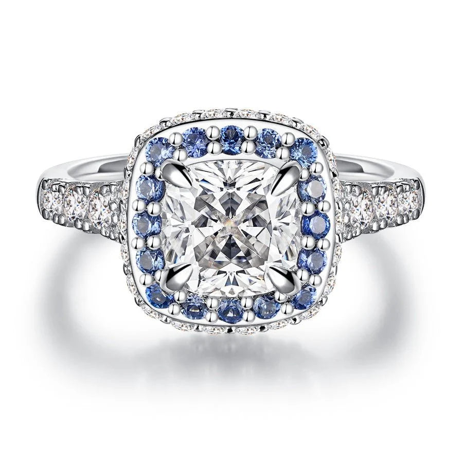 2 Ct Sapphire Halo Cushion Cut Moissanite Ring