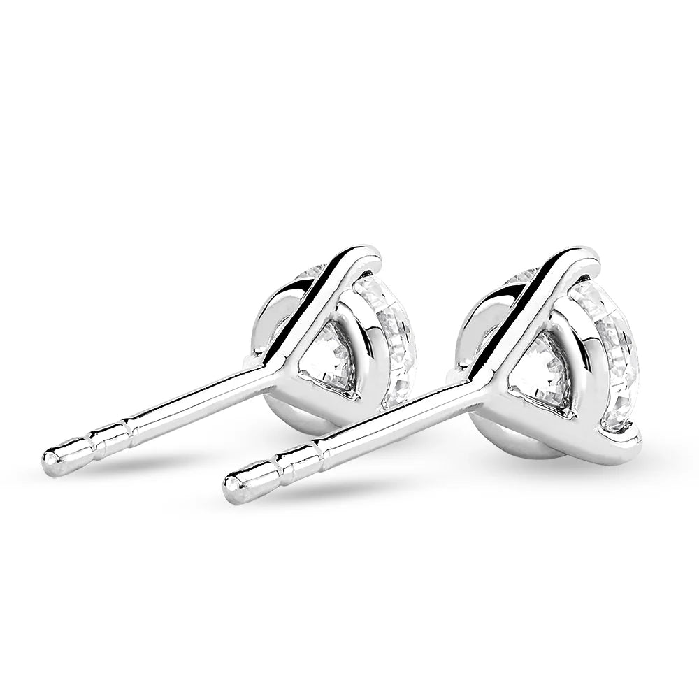 Solitaire Round Moissanite Earrings – 3-Prong Studs in Silver, Gold & Platinum (1–2CT)
