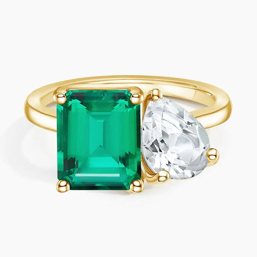 Toi et Moi Ring with Pear and Emerald Stones